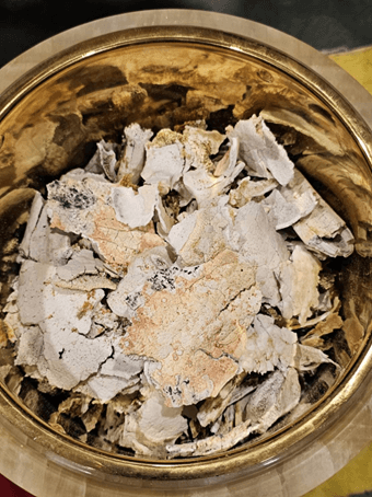 火化的頭蓋骨內側呈現大片橘紅珊瑚色